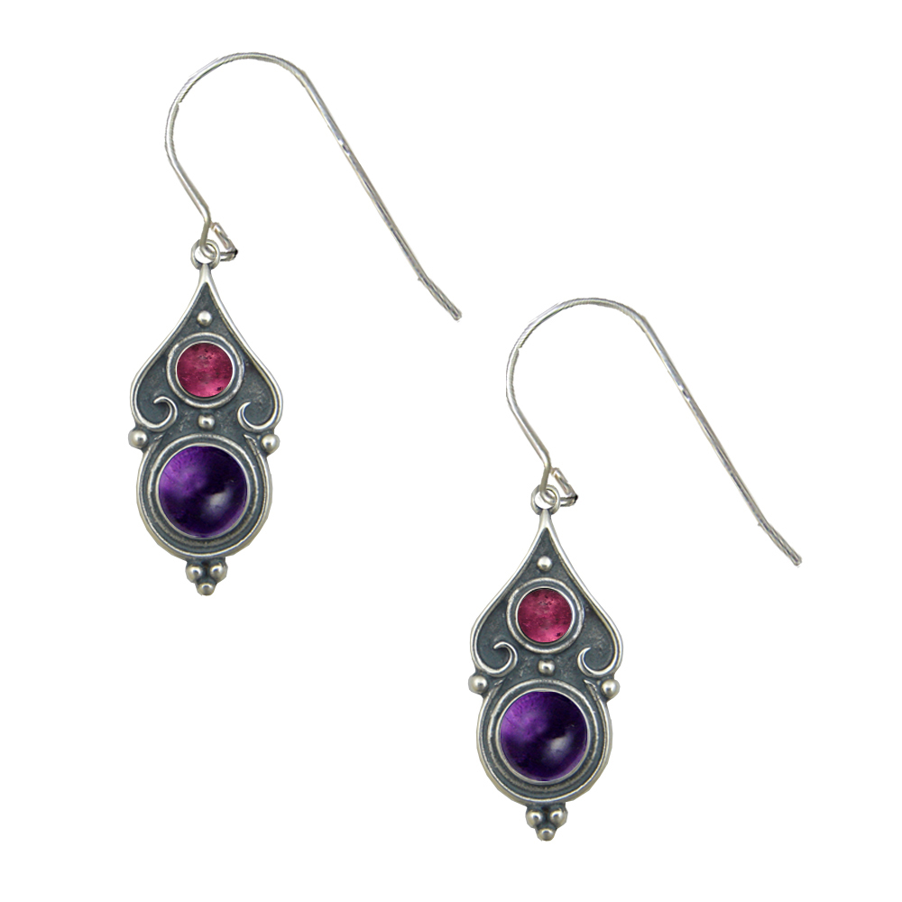 Sterling Silver Designer Post Stud Earrings With Amethyst And Pink Tourmaline